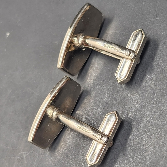 Vintage 80s cufflinks blue tiger eye silver tone almond bullet back Made Germany - Picture 5 of 6